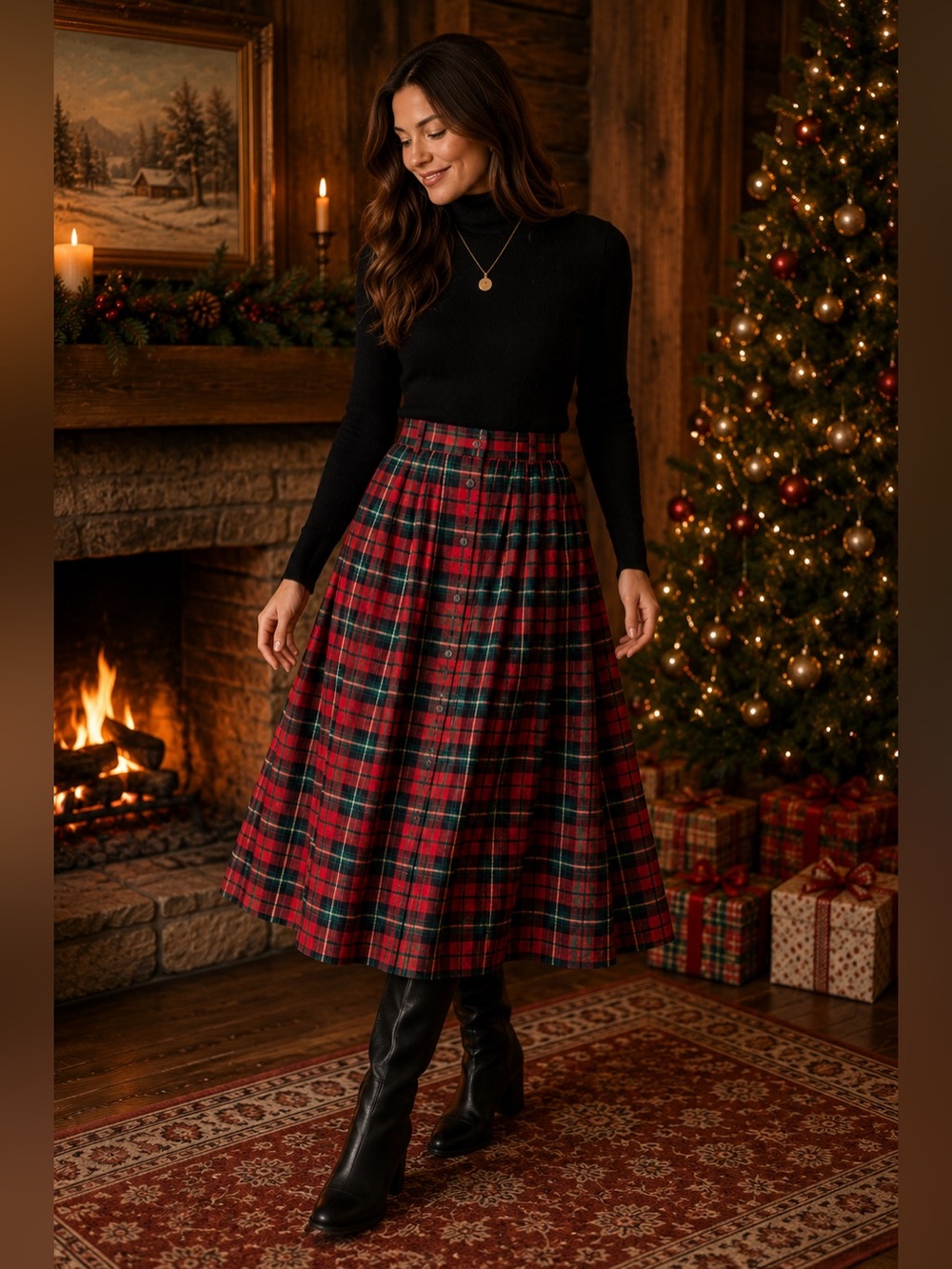 Vintage Susan Bristol Full Midi Skirt Red Plaid Button Front Cotton Retro Modest
